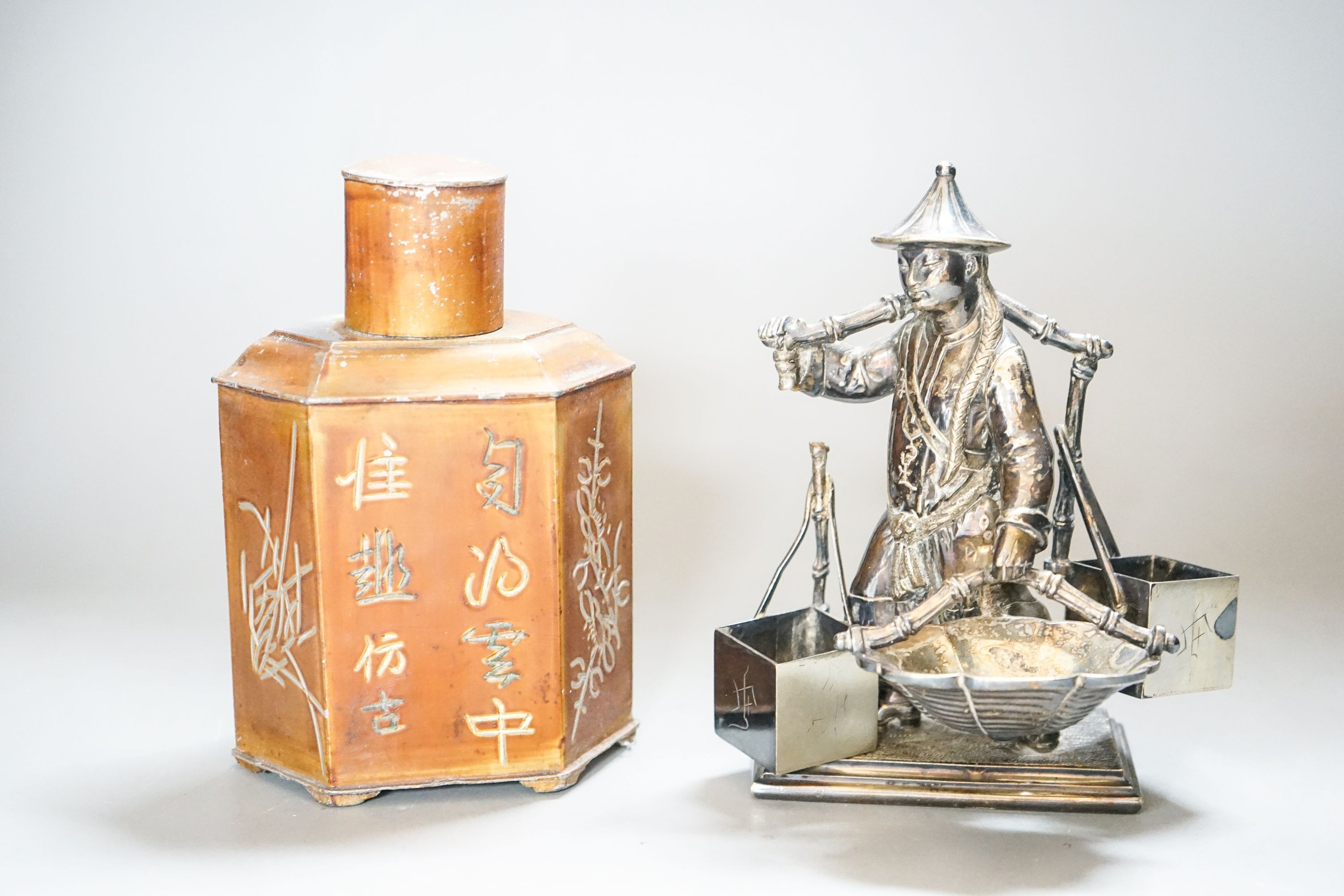 A Chinese pewter tea caddy and Chinese figure 16cm